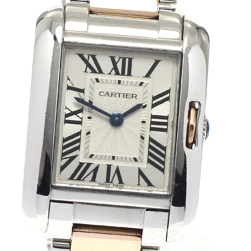 CARTIER TANK SILVER QUARTZ WATCH: CARTIER Tank Silver Quartz Watch Brand: CARTIER Type/Style: Wristwatch Material: Band Material Stainless Steel/PG, Case Material Stainless Steel/PG Color: Dial Color Silver Band Color Silver / Pink