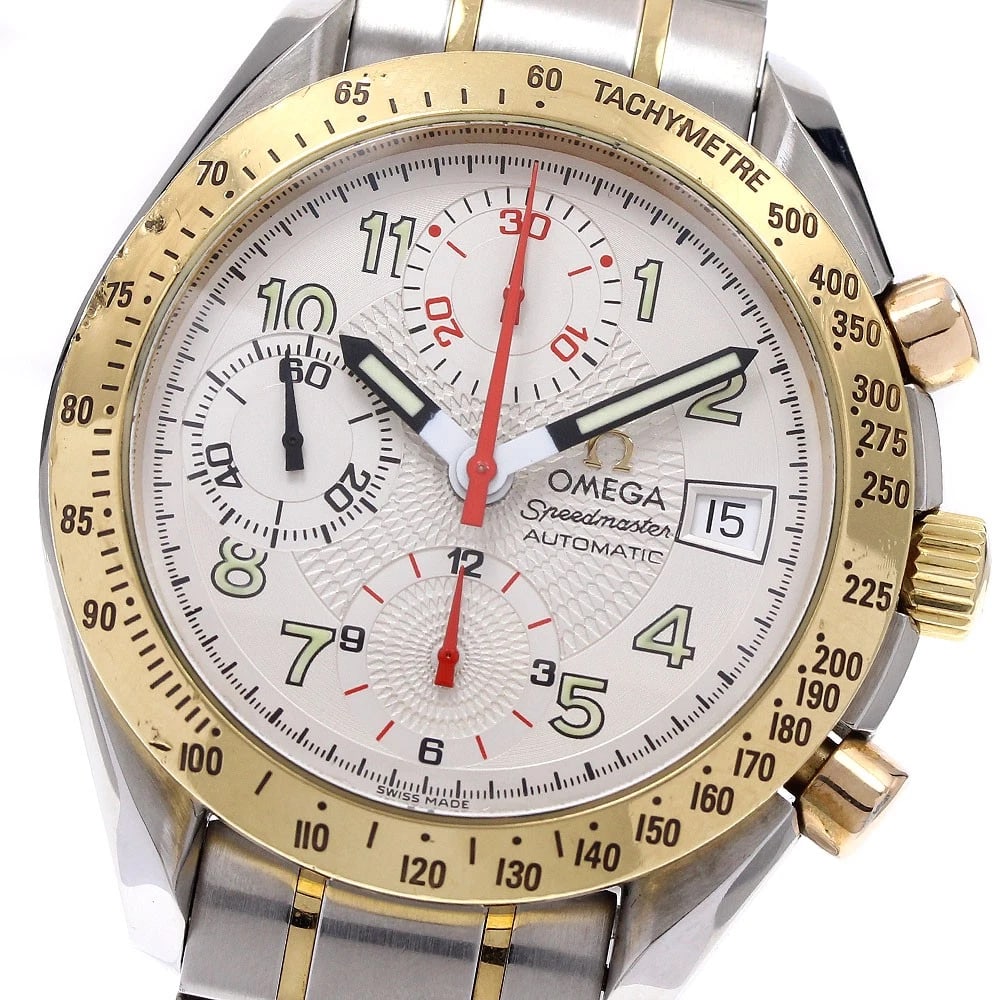 OMEGA SPEEDMASTER DATE CHRONOGRAPH SILVER AUTOMATIC WATCH: OMEGA Speedmaster Date Chronograph Silver Automatic Watch Brand: OMEGA Type/Style: Wristwatch Material: Band Material Stainless Steel/YG, Case Material Stainless Steel/YG Color: Dial Color Silver