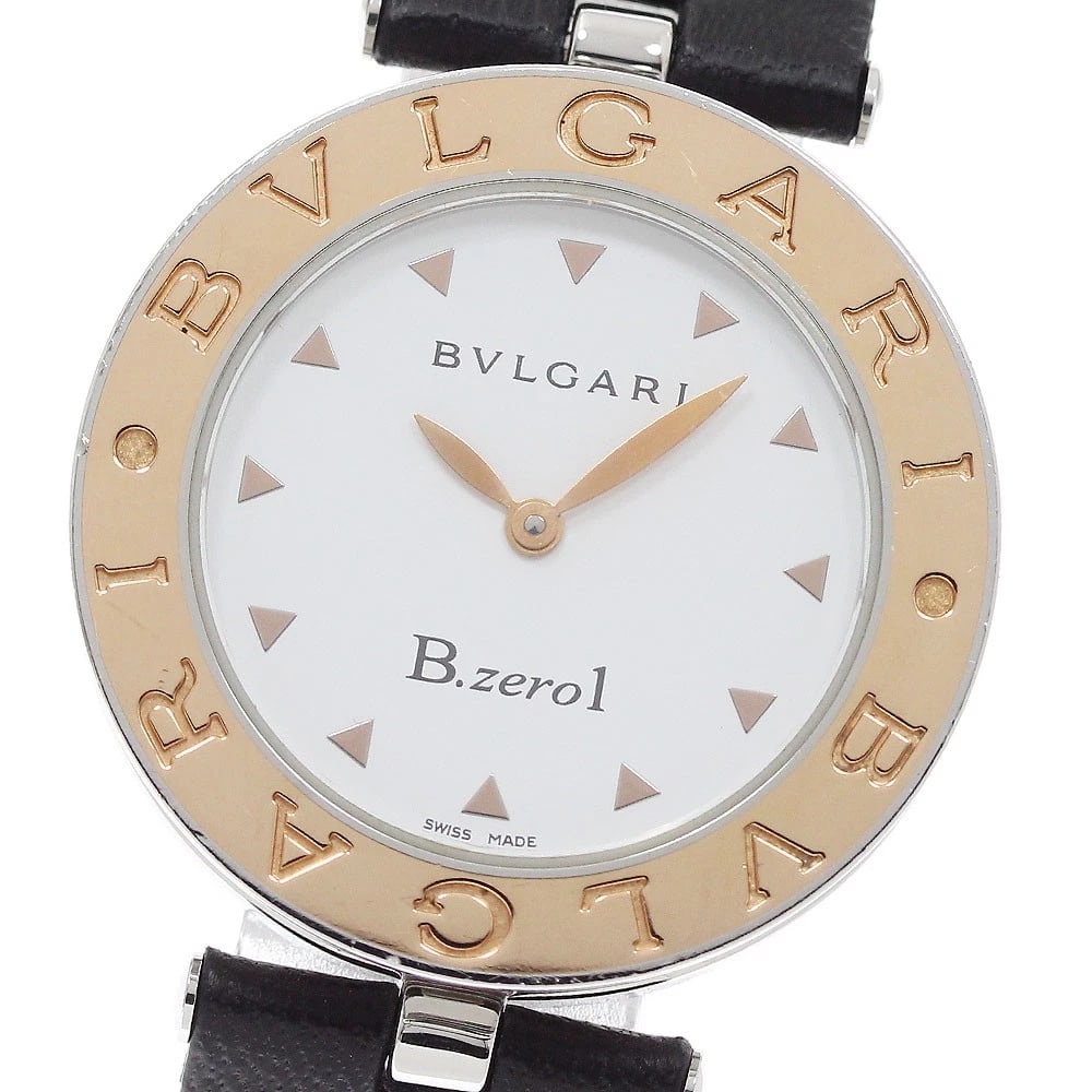 BVLGARI WHITE QUARTZ WATCH: BVLGARI White Quartz Watch Brand: BVLGARI Type/Style: Wristwatch Material: Band Material leather, Case Material Stainless Steel/K18PG Color: Dial Color white Band Color black Case Color Silver / Pink