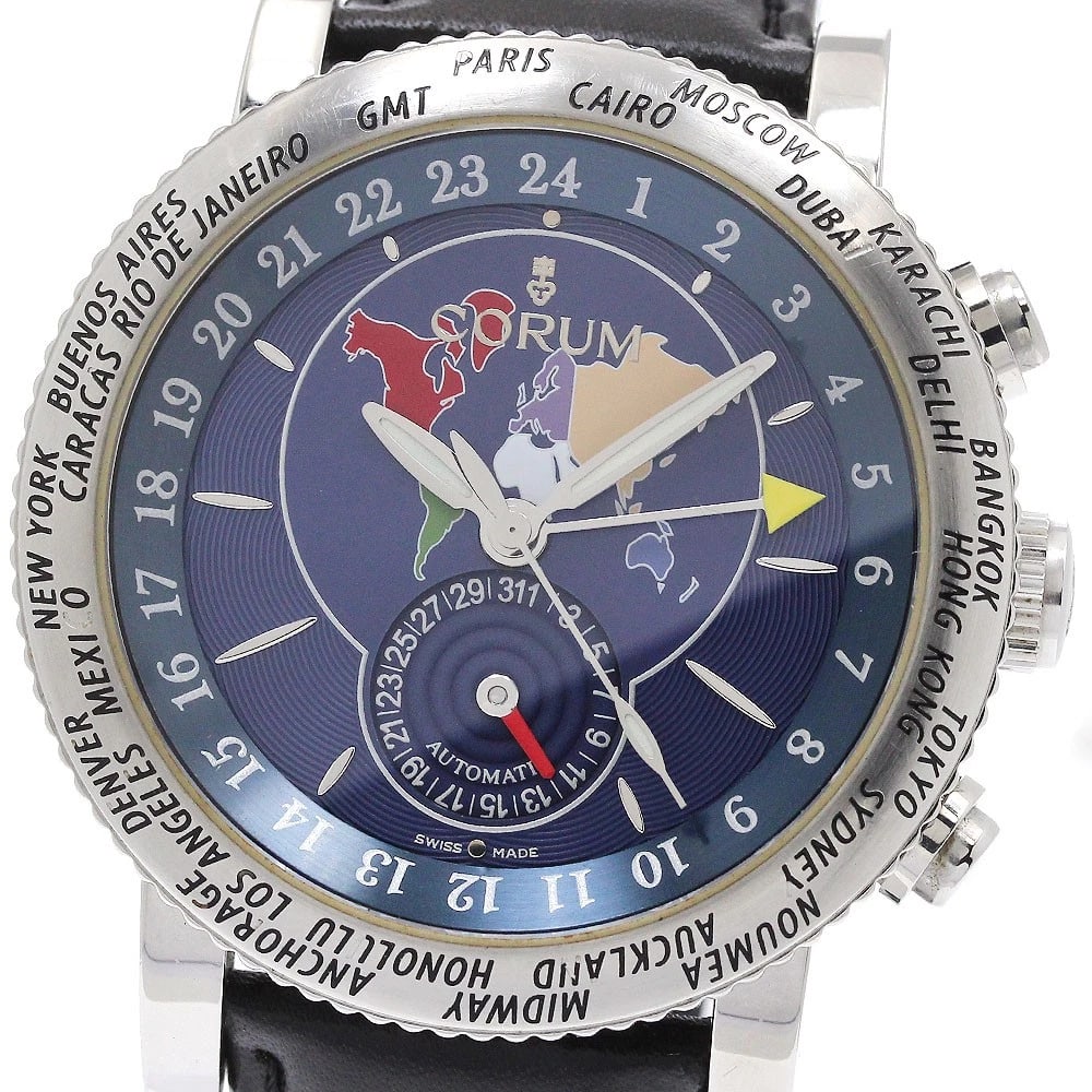 CORUM CLASSICAL DATE NAVY AUTOMATIC WATCH: CORUM classical Date Navy Automatic Watch Brand: CORUM Type/Style: Wristwatch Material: Band Material leather, Case Material Stainless Steel Color: Dial Color Navy Band Color black Case Color Silver