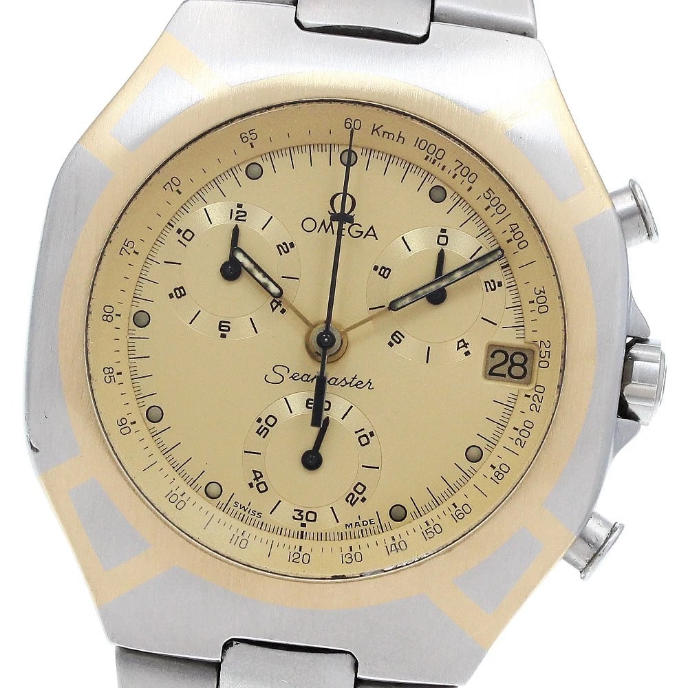 OMEGA SEAMASTER CHRONOGRAPH GOLD QUARTZ WATCH: OMEGA Seamaster Chronograph gold Quartz Watch Brand: OMEGA Type/Style: Wristwatch Material: Band Material Stainless Steel, Case Material Stainless Steel/YG Color: Dial Color gold Band Color Silver