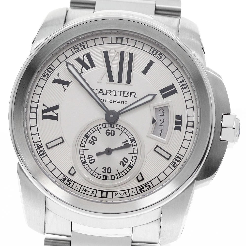 CARTIER CALIBRE SILVER AUTOMATIC WATCH: CARTIER Calibre Silver Automatic Watch Brand: CARTIER Type/Style: Wristwatch Material: Band Material Stainless Steel, Case Material Stainless Steel Color: Case Color Silver Band Color Silver Dial