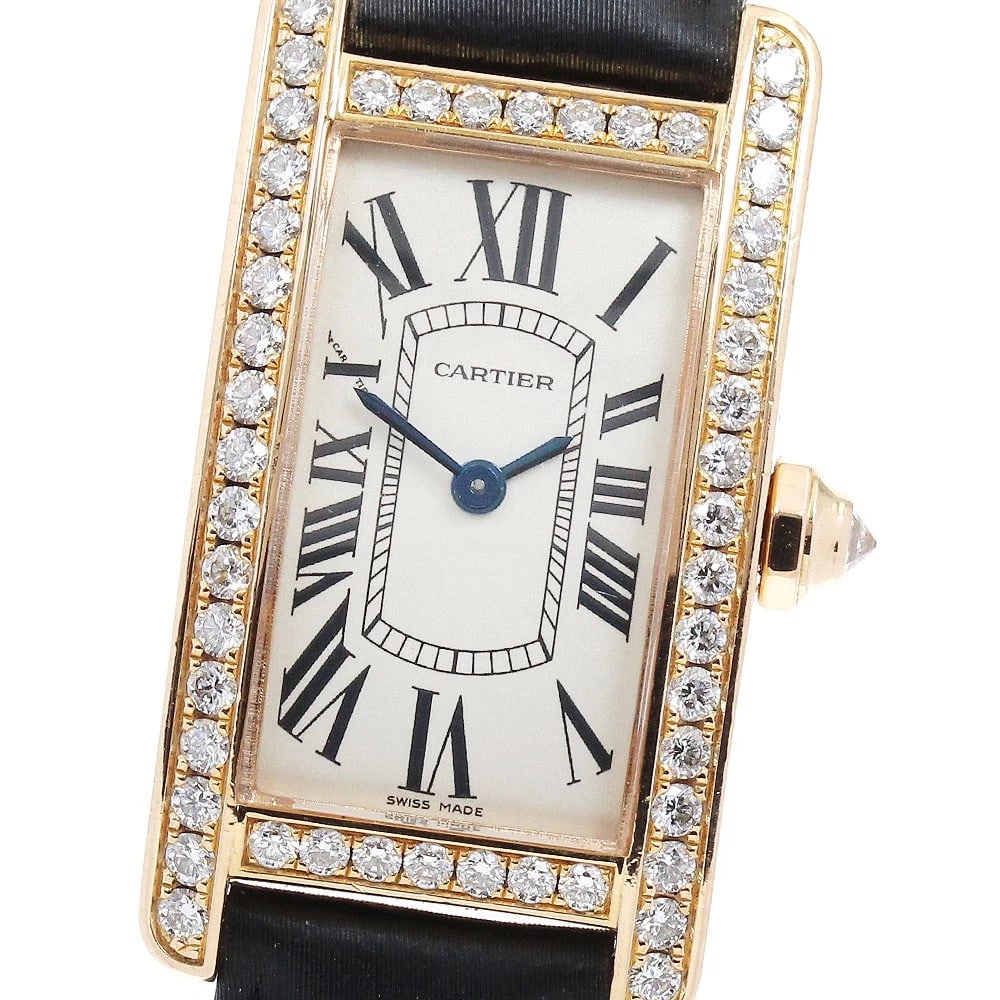 CARTIER TANK K18PG DIAMOND BEZEL QUARTZ WATCH: CARTIER Tank K18PG diamond bezel Quartz Watch Brand: CARTIER Type/Style: Wristwatch Material: Band Material Leather (buckle K18PG), Case Material 18K Pink Gold Color: Band Color black Dial Color
