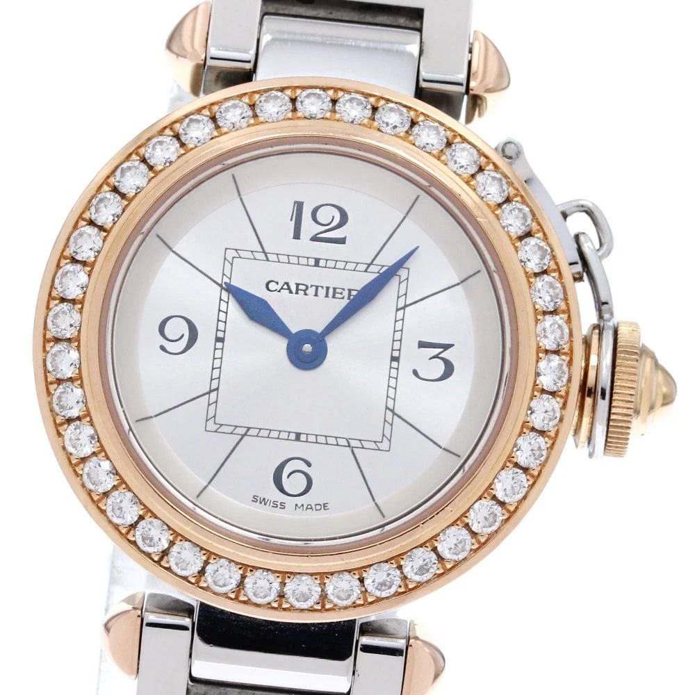 CARTIER K18PG DIAMOND BEZEL QUARTZ WATCH: CARTIER K18PG diamond bezel Quartz Watch Brand: CARTIER Type/Style: Wristwatch Material: Band Material Stainless Steel, Case Material K18PG/Stainless Steel Color: Dial Color Silver Band Color Silver C