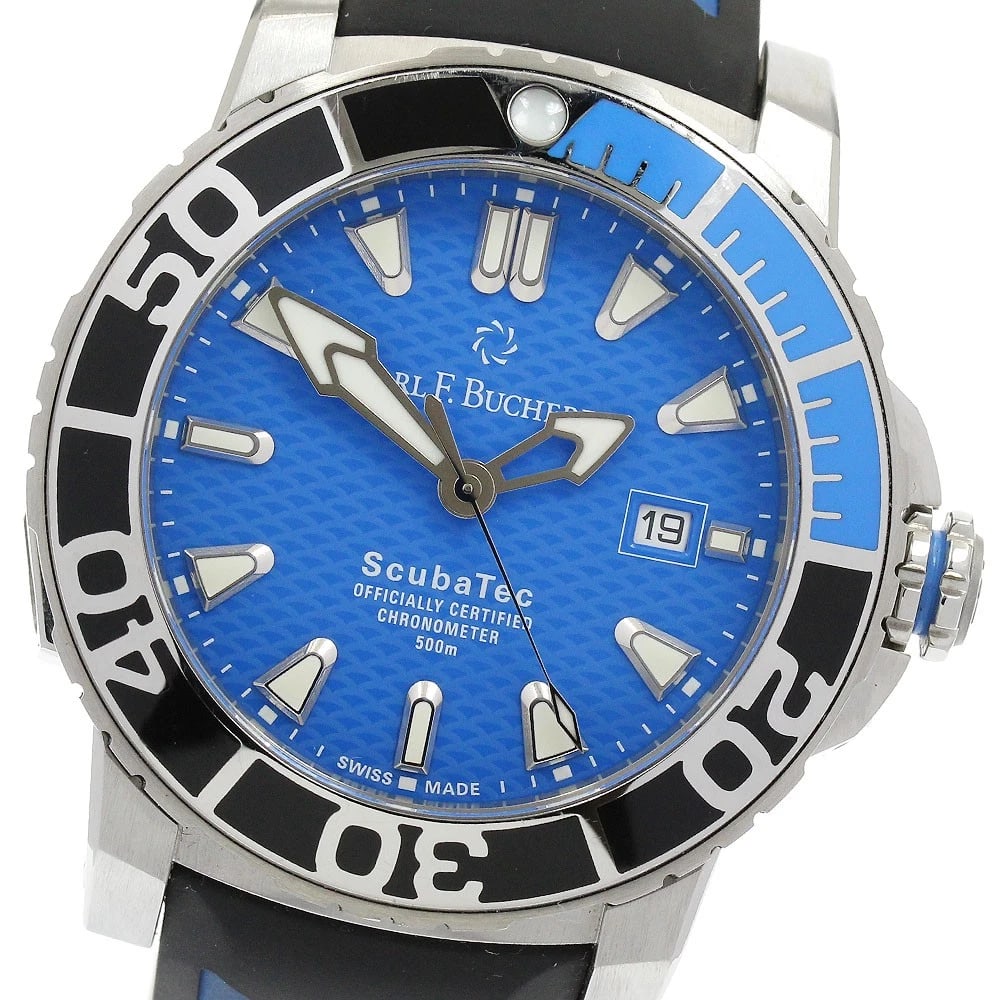 CARL F.BUCHERER STAINLESS STEEL AUTOMATIC WATCH: CARL F.BUCHERER Stainless Steel Automatic Watch Brand: CARL F.BUCHERER Type/Style: Wristwatch Material: Band Material rubber, Case Material Stainless Steel Color: Dial Color blue Band Color black