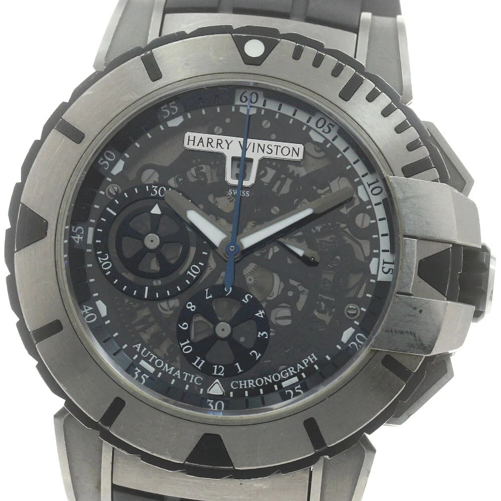 HARRY WINSTON CHRONO AUTOMATIC WATCH: HARRY WINSTON Chrono Automatic Watch Brand: HARRY WINSTON Type/Style: Wristwatch Material: Band Material rubber, Case Material Therium Color: Dial Color Black / skeleton Band Color black Case Color