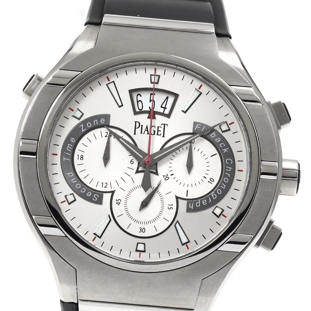 PIAGET POLO DATE SILVER AUTOMATIC WATCH: PIAGET Polo Date Silver Automatic Watch Brand: PIAGET Type/Style: Wristwatch Material: Band Material rubber, Case Material titanium Color: Dial Color Silver Band Color black Case Color Silver Size: