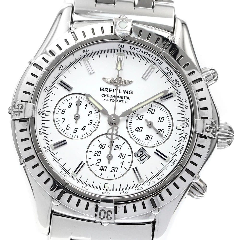 BREITLING DATE CHRONOGRAPH WHITE WATCH: BREITLING Date Chronograph white Watch Brand: BREITLING Type/Style: Wristwatch Material: Band Material Stainless Steel, Case Material Stainless Steel Color: Dial Color white Band Color Silver Case