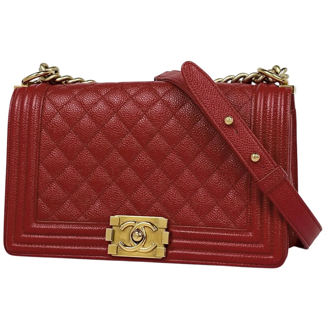 CHANEL BOY CHANEL CHAIN SHOULDER BAG: Chanel Boy Chanel Chain Shoulder Bag Brand: CHANEL Type/Style: Shoulder Bag Material: Caviar skin Color: Red Size: Width 25cm(9.8inch) Height 14.5cm(5.7inch) Depth 8cm(3.1inch) Accessories: None <