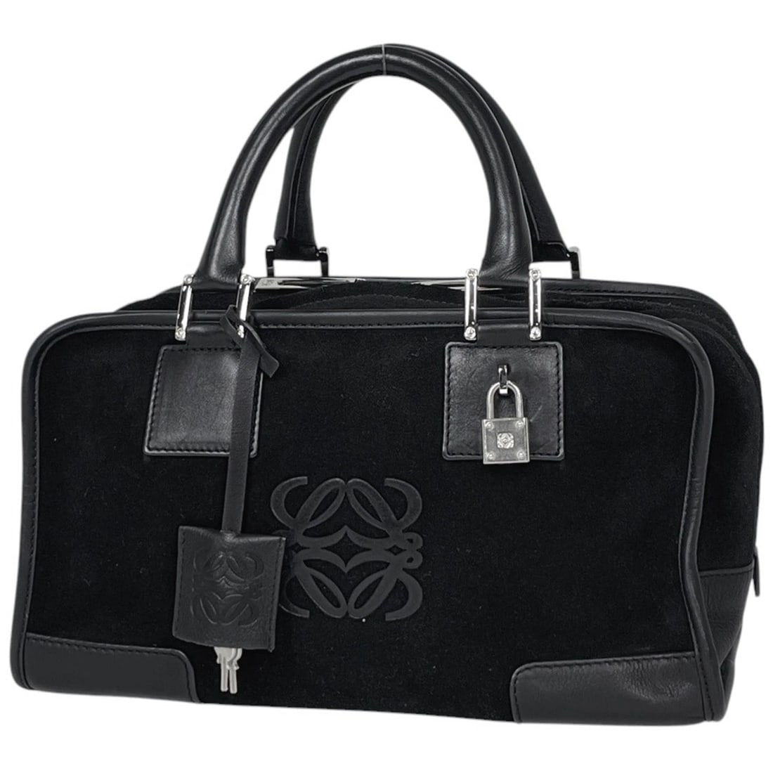 LOEWE HAND BAG AMAZONA28 ANAG LAMB SUEDE BLACK: Loewe Hand Bag Amazona28 Anag Lamb suede Black Brand: LOEWE Type/Style: Hand Bag Material: suede ?leather Color: Black Size: Width 29cm(11.4inch) Height 17cm(6.7inch) Depth 13cm(5.1inch) Accessories: