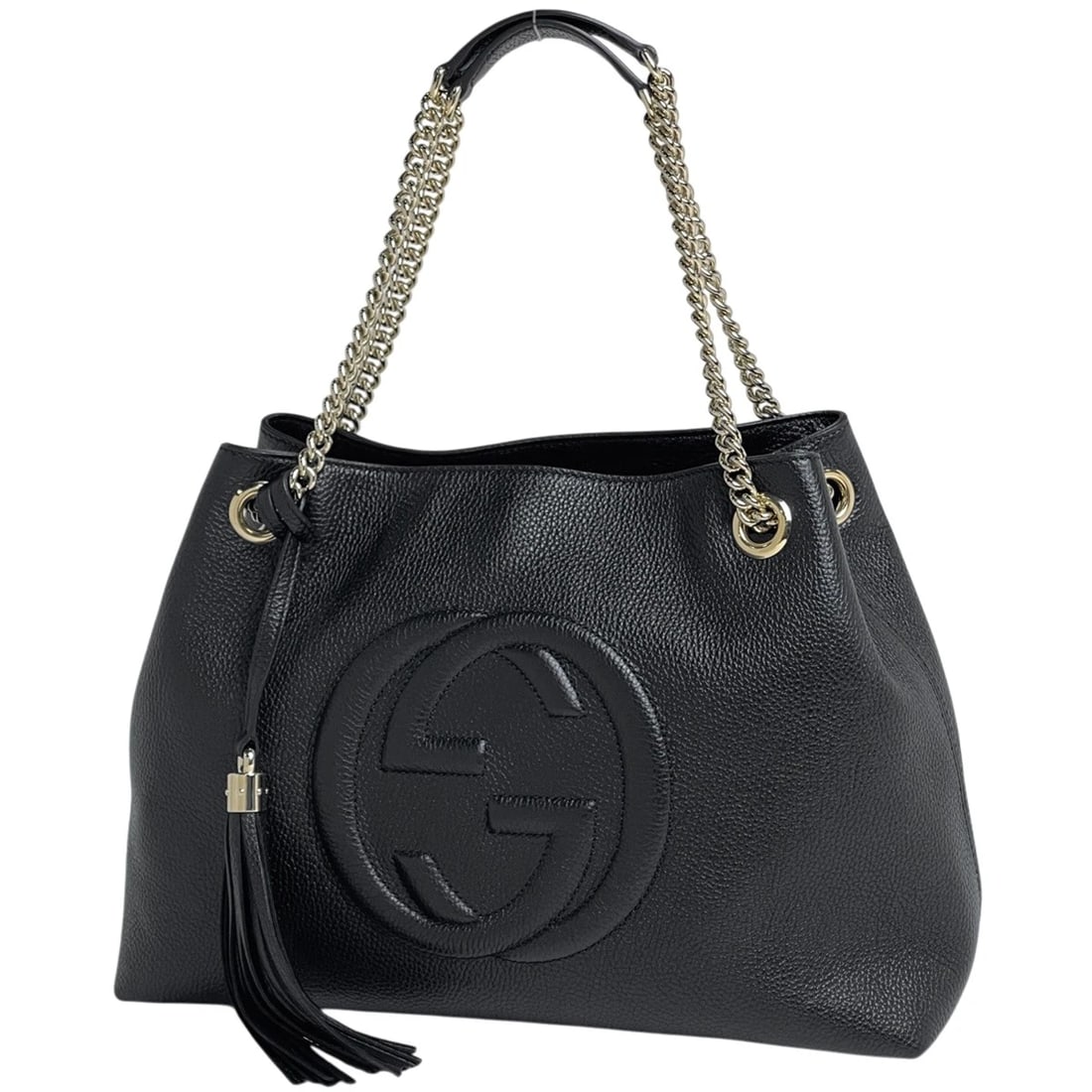 GUCCI SOHO CHAIN SHOULDER BAG INTERLOCKING G SHOULDER BAG: GUCCI Soho Chain Shoulder Bag Interlocking G Shoulder Bag Brand: GUCCI Type/Style: Shoulder Bag Material: leather Color: Black Size: Width 37cm(14.6inch) Height 26cm(10.2inch) Depth 14cm(5.5inch)