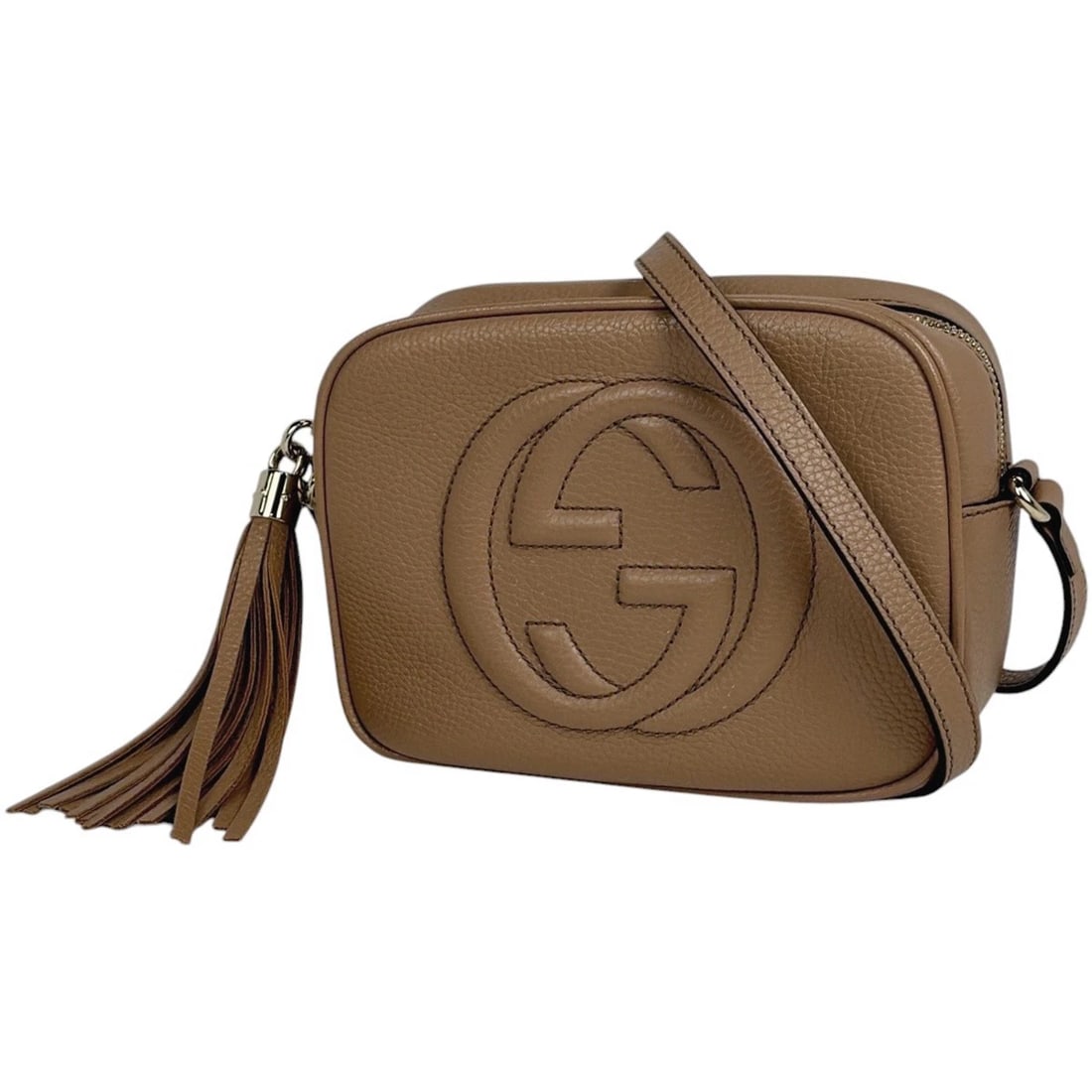 GUCCI SHOULDER BAG SOHO TASSEL FRINGE INTERLOCKING G LEATHER: Gucci Shoulder Bag Soho Tassel Fringe Interlocking G leather Brand: GUCCI Type/Style: Shoulder Bag Material: leather Color: Beige Size: Width 20cm(7.9inch) Height 15cm(5.9inch) Depth 7cm(2.8inch)