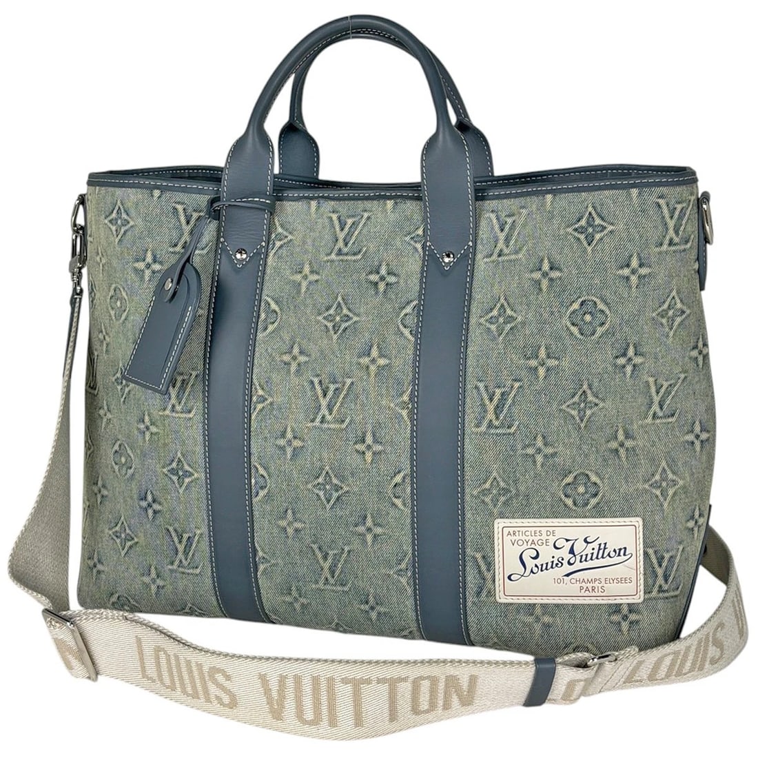 LOUIS VUITTON WEEKEND TOTE NM TOTE BAG: Louis Vuitton Weekend Tote NM Tote Bag Brand: Louis Vuitton Type/Style: Tote Bag Material: leather Color: Blue Size: Width 44cm(17.3inch) Height 33cm(13inch) Depth 15cm(5.9inch) Accessories: None
