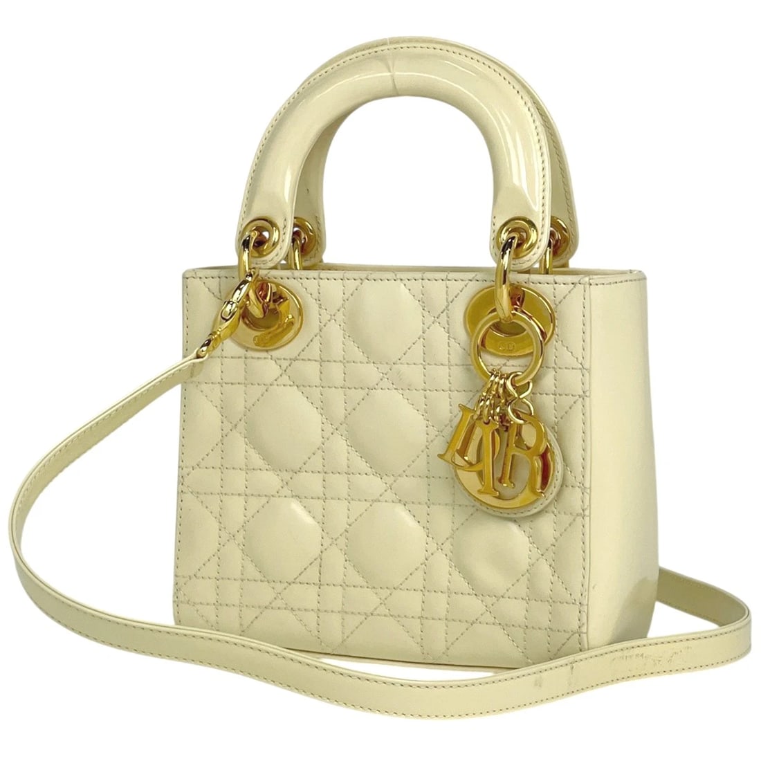 CHRISTIAN DIOR LADY DIOR MINI 2WAY CANNAGE HAND BAG: Christian Dior Lady Dior Mini 2WAY Cannage Hand Bag Brand: Christian Dior Type/Style: Hand Bag Material: leather Color: Cream Size: Width 17cm(6.7inch) Height 14cm(5.5inch) Depth 6.5cm(2.6inch) Ac