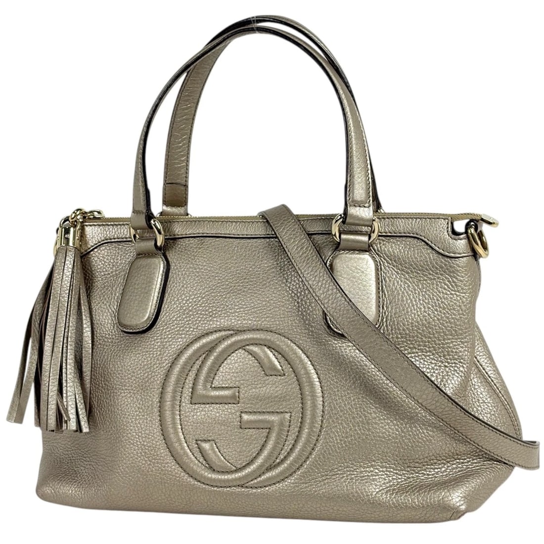 GUCCI HAND BAG SOHO 2-WAY FRINGE TASSEL LEATHER: Gucci Hand Bag Soho 2-Way Fringe Tassel leather Brand: GUCCI Type/Style: Hand Bag Material: leather Color: Gold Size: Width 32cm(12.6inch) Height 22.5cm(8.9inch) Depth 15cm(5.9inch) Accessories: None