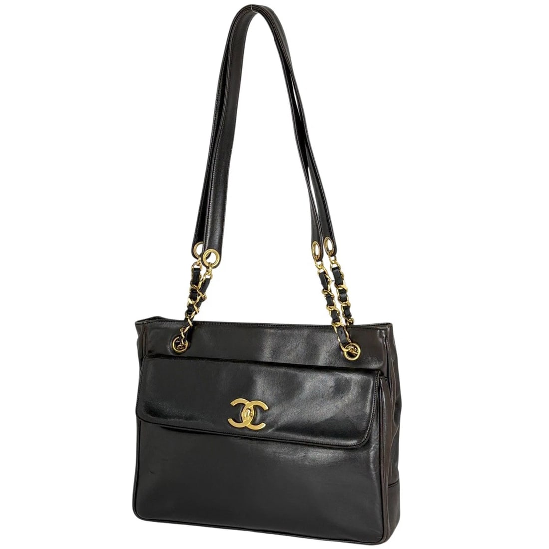 CHANEL LOGO CHAIN TOTE BAG SHOULDER BAG TOTE BAG: CHANEL logo Chain Tote Bag Shoulder Bag Tote Bag Brand: CHANEL Type/Style: Tote Bag Material: leather Color: Black Size: Width 31.5cm(12.4inch) Height 24cm(9.4inch) Depth 8cm(3.1inch) Accessories: