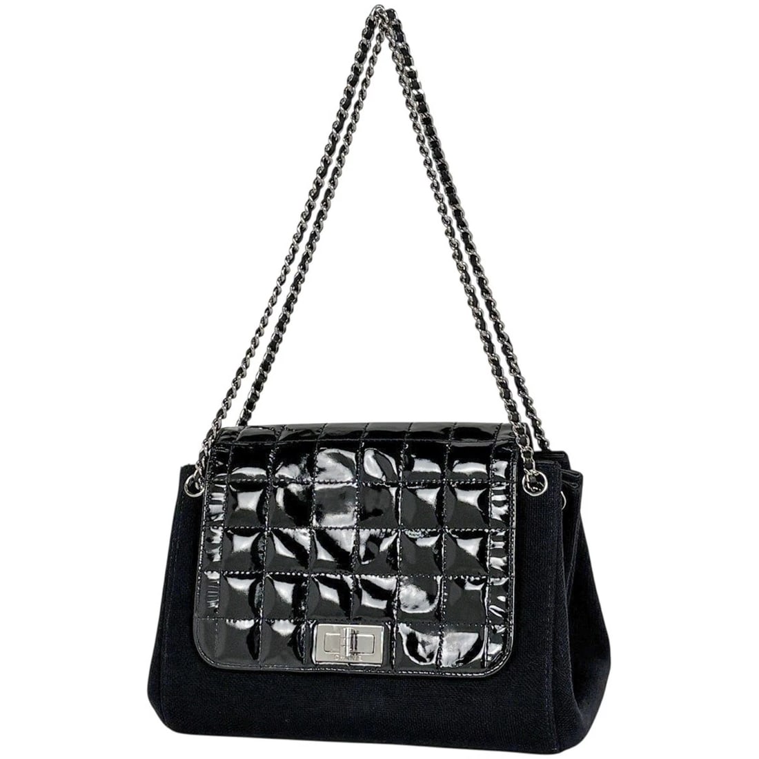 CHANEL CHOCO BAR CHAIN SHOULDER BAG: Chanel Choco Bar Chain Shoulder Bag Brand: CHANEL Type/Style: Shoulder Bag Material: Patent leather ?canvas Color: Black Size: Width 25cm(9.8inch) Height 15cm(5.9inch) Depth 15cm(5.9inch) Accessor