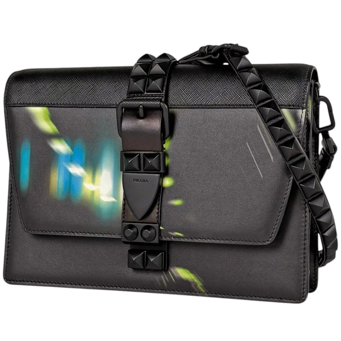 PRADA SHOULDER BAG EXTRA STUDS SAFIANO LEATHER: PRADA Shoulder Bag Extra Studs Safiano leather Brand: PRADA Type/Style: Shoulder Bag Material: Safiano leather Color: Nero (Black) Size: Width 24cm(9.4inch) Height 17cm(6.7inch) Depth 5cm(2inch) A