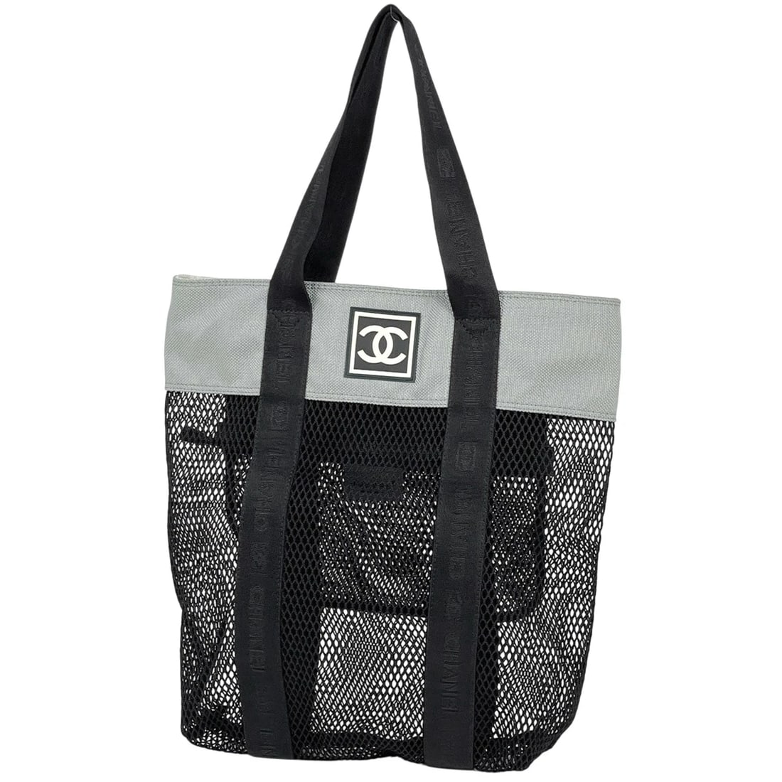 CHANEL SPORTS LINE MESH TOTE BAG: Chanel Sports Line Mesh Tote Bag Brand: CHANEL Type/Style: Tote Bag Material: Nylon canvas Color: Black Gray Size: Width 32cm(12.6inch) Height 39cm(15.4inch) Depth 9cm(3.5inch) Accessories: None <
