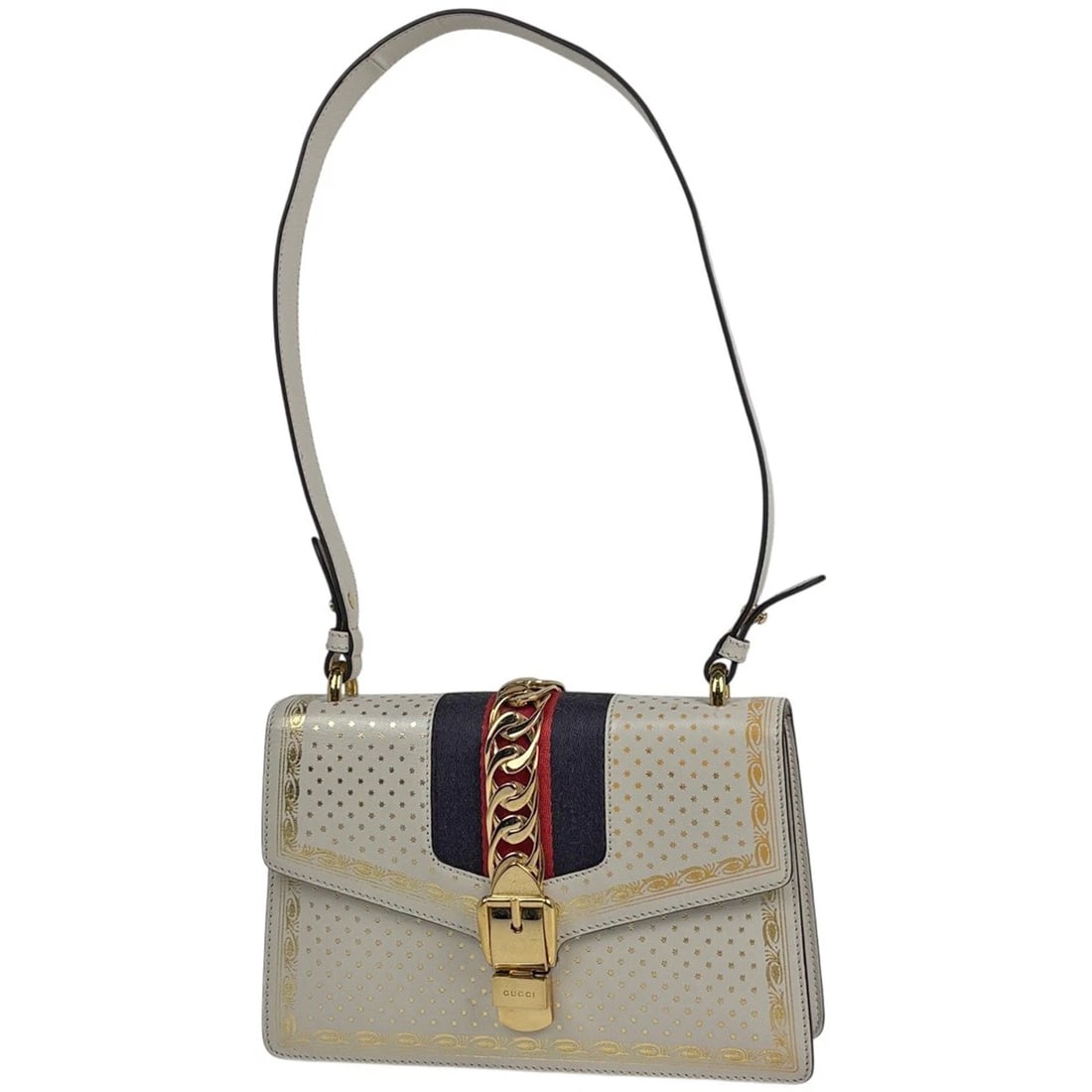 GUCCI SYLVIE SHOULDER BAG SHOULDER BAG: Gucci Sylvie Shoulder Bag Shoulder Bag Brand: GUCCI Type/Style: Shoulder Bag Material: leather Color: Ivory-color Size: Width 26cm(10.2inch) Height 16.5cm(6.5inch) Depth 7cm(2.8inch) Accessories: