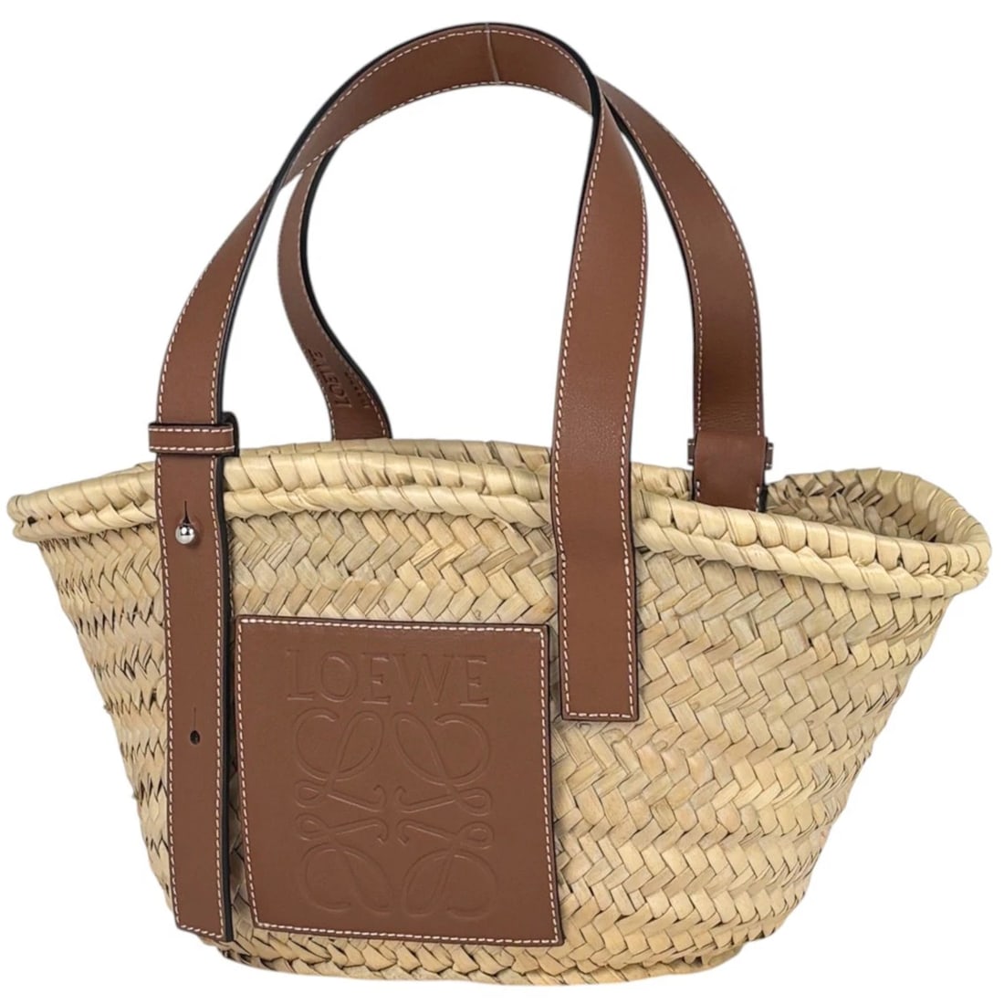 LOEWE BASKET BAG SMALL HAND BAG BASKET BAG: Loewe Basket bag small Hand Bag Basket bag Brand: LOEWE Type/Style: Hand Bag Material: Raffia ?leather Color: Beige Brown Size: Width 18.5cm(7.3inch) Height 18cm(7.1inch) Depth 11cm(4.3inch)