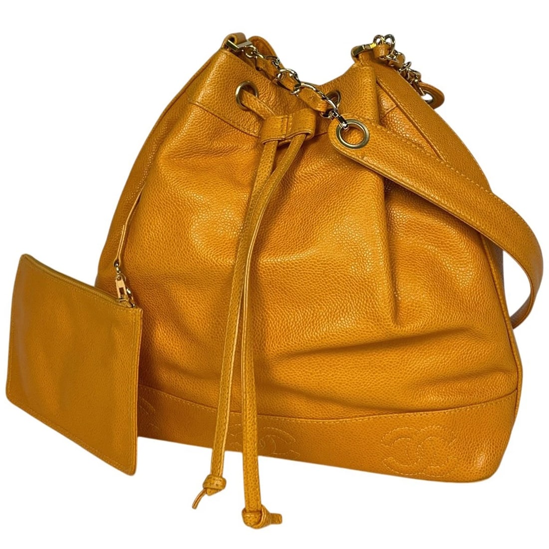 CHANEL SHOULDER BAG TRIPLE KINCHAKU TYPE CAVIAR SKIN: Chanel Shoulder Bag Triple Kinchaku type Caviar skin Brand: CHANEL Type/Style: Shoulder Bag Material: Caviar skin Color: Yellow Size: Width 30cm(11.8inch) Height 30cm(11.8inch) Depth 10cm(3.9inch)