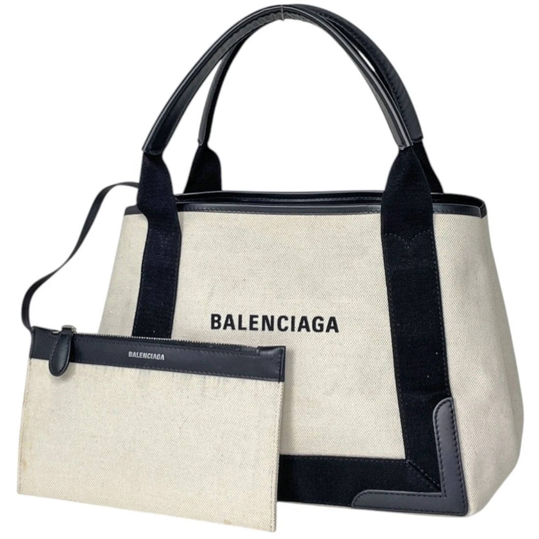 BALENCIAGA TOTE BAG NAVY BLUE SMALL KABAS CANVAS: Balenciaga Tote Bag Navy blue Small Kabas canvas Brand: BALENCIAGA Type/Style: Tote Bag Material: canvas ?leather Color: Ivory-color Black Size: Width 30cm(11.8inch) Height 21cm(8.3inch) Depth 17.5cm(