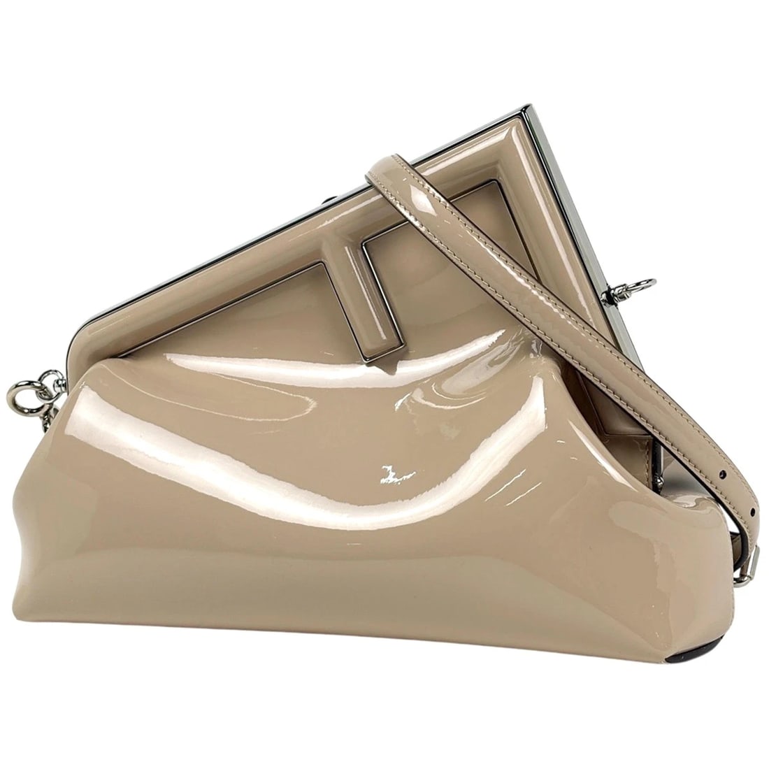FENDI FIRST MEDIUM CLUTCH BAG 2WAY SHOULDER BAG: FENDI First Medium Clutch Bag 2WAY Shoulder Bag Brand: FENDI Type/Style: Clutch Bag Material: Patent leather Color: Beige Size: Width 26cm(10.2inch) Height 20cm(Median:7.9inch) Depth 10cm(3.9inch)