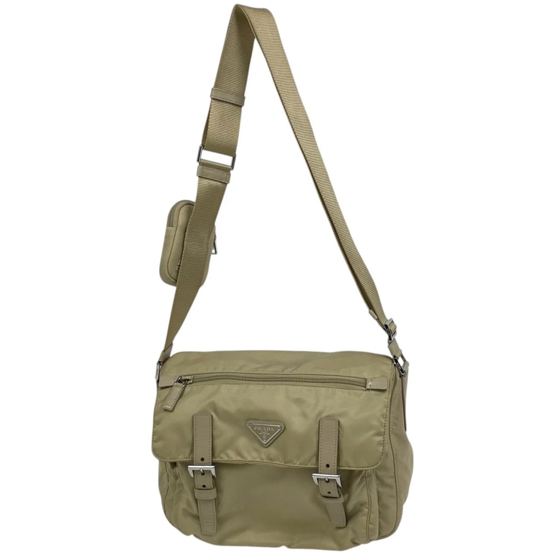 PRADA WITH LOGO SHOULDER BAG MESSENGER BAG: PRADA with logo Shoulder Bag Messenger bag Brand: PRADA Type/Style: Shoulder Bag Material: Nylon ?leather Color: Beige Size: Width 27cm(10.6inch) Height 25cm(9.8inch) Depth 11.5cm(4.5inch)