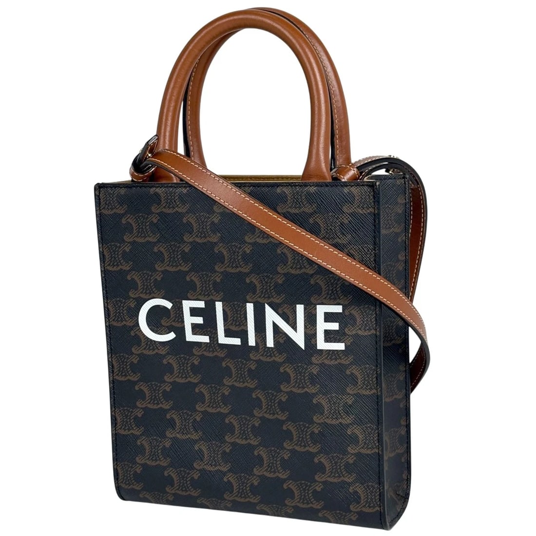 CELINE MINI VERTICAL HIPPOPOTAMUS HAND BAG: Celine Mini vertical hippopotamus Hand Bag Brand: CELINE Type/Style: Hand Bag Material: Coated canvas ?leather Color: Brown Size: Width 16.5cm(6.5inch) Height 19.5cm(7.7inch) Depth 6cm(2.4inch)