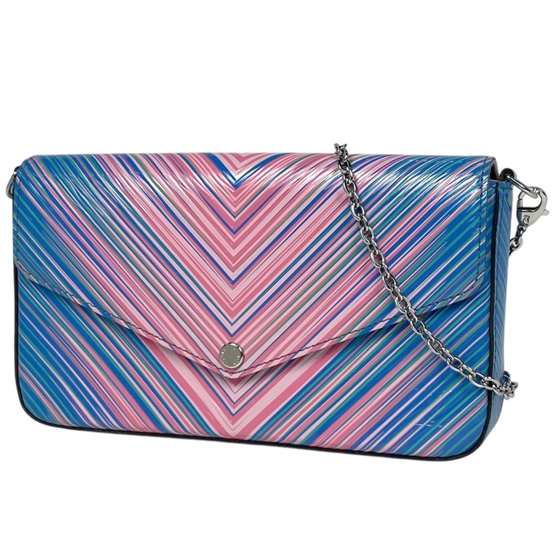 LOUIS VUITTON POCHETTE FELICE CHAIN WALLET EPITROPICAL LEATHER: Louis Vuitton Pochette Felice Chain wallet epitropical leather Brand: Louis Vuitton Type/Style: Chain wallet Material: leather Color: Pink Blue Multicolor Size: Width 21cm(8.3inch) Height