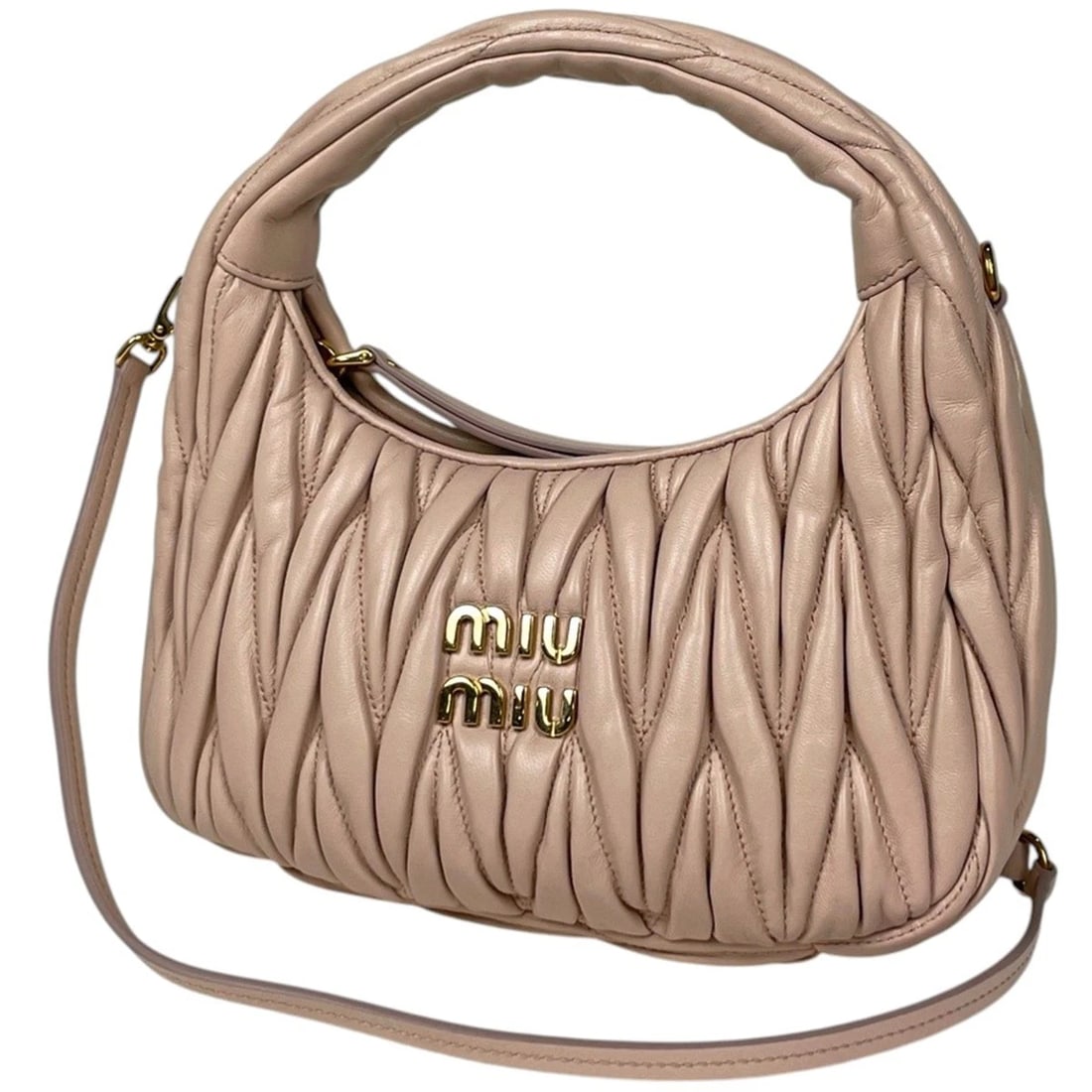 MEW MEW WONDER MATELASSE LEATHER HOBO BAG HAND BAG: Mew Mew Wonder matelasse leather hobo bag Hand Bag Brand: Miu Miu Type/Style: Hand Bag Material: leather Color: Pink Size: Width 20cm(7.9inch) Height 12.5cm(Median:4.9inch) Depth 6cm(2.4inch)