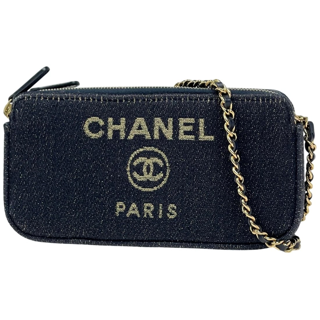 CHANEL LOGO CHAIN SHOULDER BAG: Chanel Logo Chain Shoulder Bag Brand: CHANEL Type/Style: Shoulder Bag Material: canvas Color: Navy blue Size: Width 19cm(7.5inch) Height 9.5cm(3.7inch) Depth 3cm(1.2inch) Accessories: None