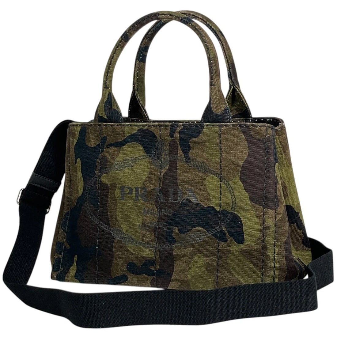 PRADA CANAPA TOTE BAG: PRADA Canapa Tote Bag Brand: PRADA Type/Style: Tote Bag Material: canvas Color: Green Brown Size: Width 28cm(11inch) Height 19cm(7.5inch) Depth 15cm(5.9inch)) Accessories: None Accessories