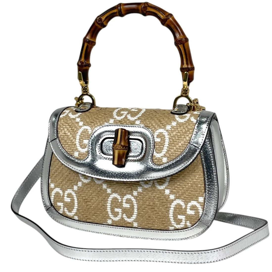 GUCCI HAND BAG BAMBOO 2WAY ENAMEL RAFFIA BEIGE SILVER: Gucci Hand Bag Bamboo 2WAY Enamel Raffia Beige Silver Brand: GUCCI Type/Style: Hand Bag Material: Raffia ?Patent leather Color: Beige Silver Size: Width 21.5cm(8.5inch) Height 14cm(5.5inch) Depth 7.5c