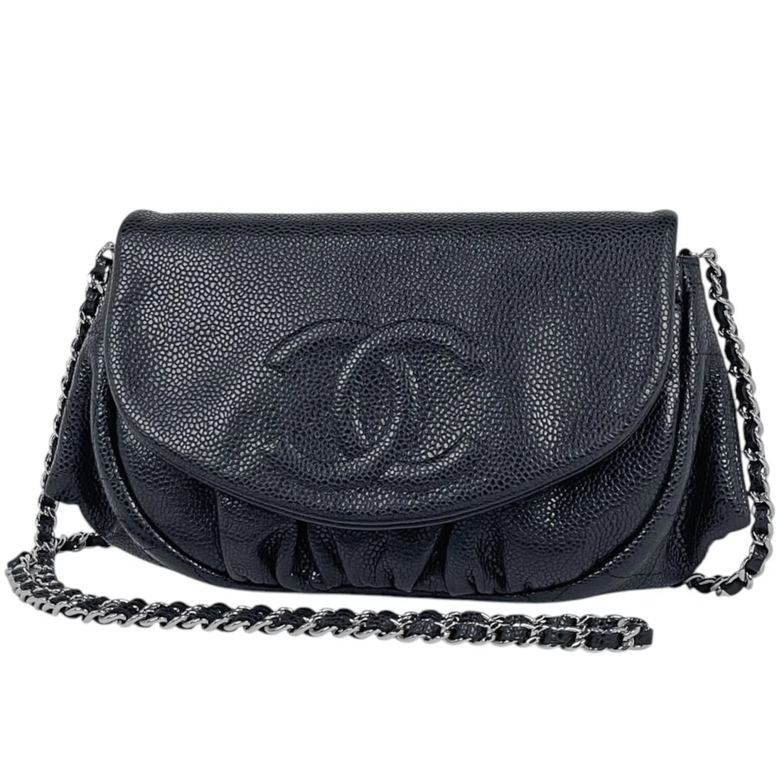 CHANEL CHAIN WALLET HALF MOON CAVIAR SKIN BLACK: Chanel Chain wallet Half moon Caviar skin Black Brand: CHANEL Type/Style: Chain wallet Material: Caviar skin Color: Black Size: Width 24cm(Maximum value:9.4inch) Height 13cm(Median:5.1inch) Depth