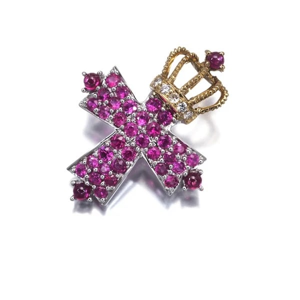 KASAHARA MASUMI RUBY DIAMOND CROSS CROWN PAVED PENDANT 18K YG/WG: KASAHARA MASUMI Ruby Diamond Cross Crown Paved Pendant 18K YG/WG Brand: KASAHARA MASUMI Type/Style: Pendant Material: 18K YG/WG, Main Stone Natural Color: YG WG Size: Design size: 22.5 x 17.8mm Bail i