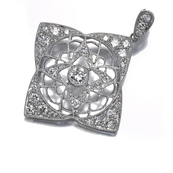 DIAMOND MILGRAIN OPENWORK PENDANT 950 PLATINUM: Diamond Milgrain Openwork Pendant 950 Platinum Brand: Unbranded Type/Style: Pendant Material: 18K 750 White Gold, Main Stone Natural Color: White Gold Size: Design size: 30.0 x 23.2mmBail inner