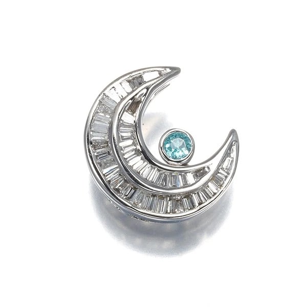 PARAIBA TOURMALINE DIAMOND TAPERED-CUT MOON PENDANT 18K 750 WHITE GOLD: Paraiba Tourmaline Diamond Tapered-cut Moon Pendant 18K 750 White Gold Brand: Unbranded Type/Style: Pendant Material: 18K 750 White Gold, Main Stone Natural Color: White Gold Size: Design size: 13.8
