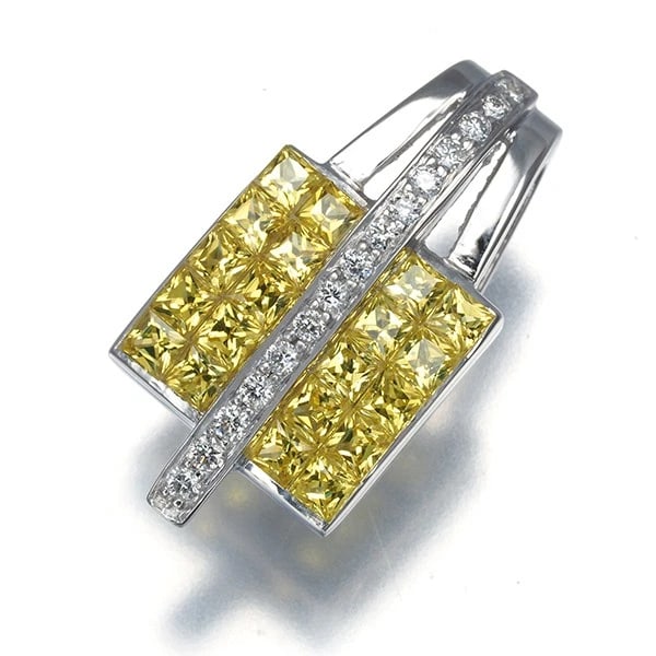 LES ESSENTIELLES YELLOW SAPPHIRE DIAMOND SQUARE PENDANT 18K WG: LES ESSENTIELLES Yellow Sapphire Diamond Square Pendant 18K WG Brand: LES ESSENTIELLES Type/Style: Pendant Material: 18K WG, Main Stone Natural Color: White Gold Size: Design size: 20.6 x 10.4mmBail i