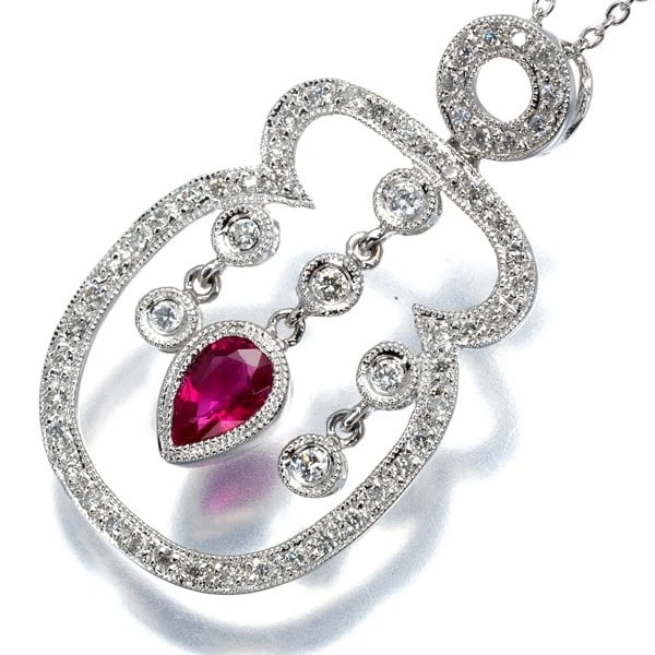 PINK SAPPHIRE DIAMOND MILGRAIN NECKLACE 18K 750 WHITE GOLD (1 of 3)