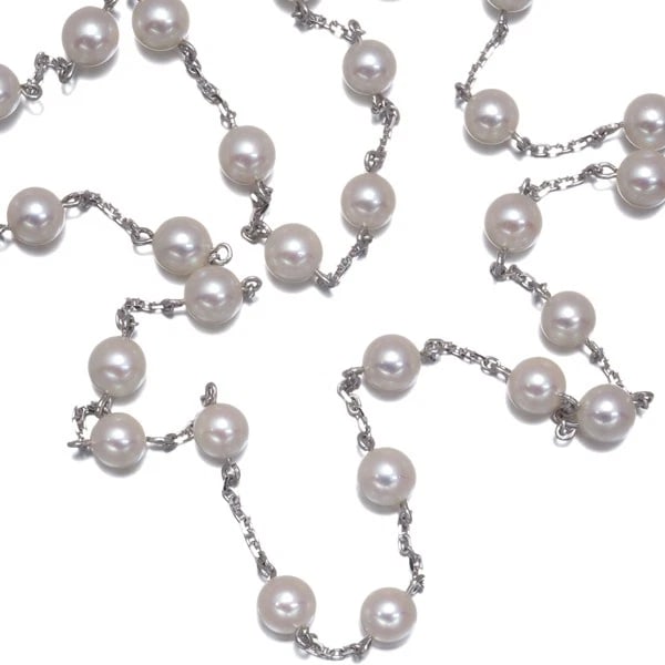 MIKIMOTO AKOYA PEARL STATION LONG NECKLACE 18K WG/PT 950: Mikimoto Akoya Pearl Station Long Necklace 18K WG/Pt 950 Brand: MIKIMOTO Type/Style: Necklace Material: 18K WG/Pt 950, Main Stone Cultured Color: YG Pt Size: Necklace length: 62cm Accessories: Non