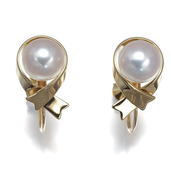 MIKIMOTO AKOYA PEARL SOLITAIRE RIBBON EARRINGS 18K 750 YELLOW GOLD: Mikimoto Akoya Pearl Solitaire Ribbon Earrings 18K 750 Yellow Gold Brand: MIKIMOTO Type/Style: Earring Material: 18K 750 Yellow Gold, Main Stone Cultured Color: Yellow Gold Size: Design size: 14.8 x 8