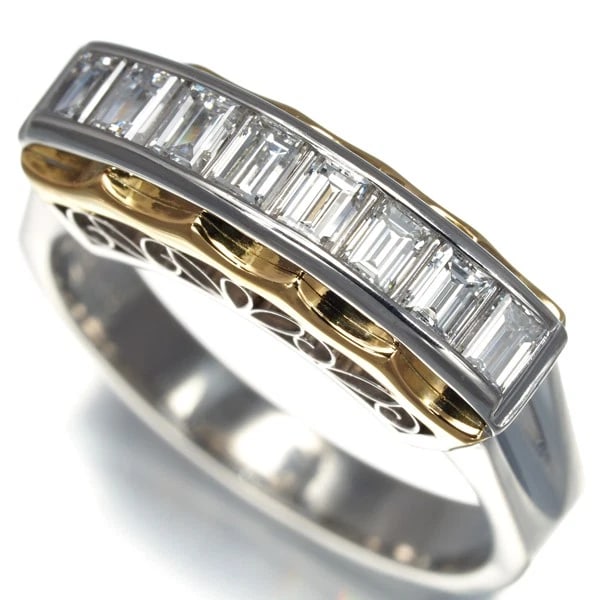 DIAMOND BICOLOR BAGUETTE-CUT RING 900 PLATINUM/18K 750 YELLOW GOLD: Diamond Bicolor Baguette-cut Ring 900 Platinum/18K 750 Yellow Gold Brand: Unbranded Type/Style: Ring Material: 900 Platinum/18K 750 Yellow Gold, Main Stone Natural Color: pT YG Size: US 6