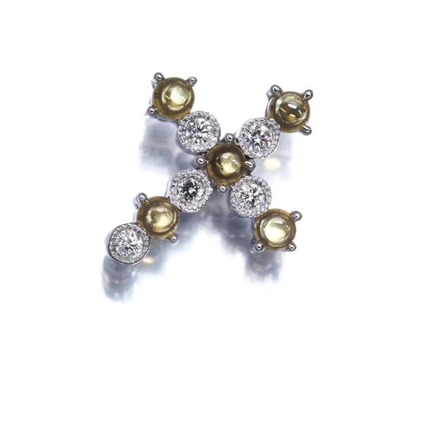 YELLOW SAPPHIRE DIAMOND CABOCHON CROSS MILGRAIN PENDANT 18K WG: Yellow Sapphire Diamond Cabochon Cross Milgrain Pendant 18K WG Brand: Unbranded Type/Style: Pendant Material: 18K WG, Main Stone Natural Color: White Gold Size: Design size: 14.5 x 12.5mmBail inner