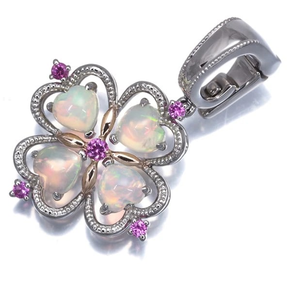OPAL PINK SAPPHIRE HEART FLOWER CLOVER PENDANT PT 950/18K RG: Opal Pink Sapphire Heart Flower Clover Pendant Pt 950/18K RG Brand: None Type/Style: Pendant Material: Pt 950/18K RG, Main Stone Natural Color: Pt RG Size: Design size: 25.6 x 17.2mmBail inner