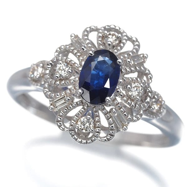 SAPPHIRE DIAMOND MILGRAIN FLOWER RING 18K WG: Sapphire Diamond Milgrain Flower Ring 18K WG Brand: None Type/Style: Ring Material: 18K WG, Main Stone Natural Color: White Gold Size: US 7.25-7.5 Accessories: None Accessories Notice: When