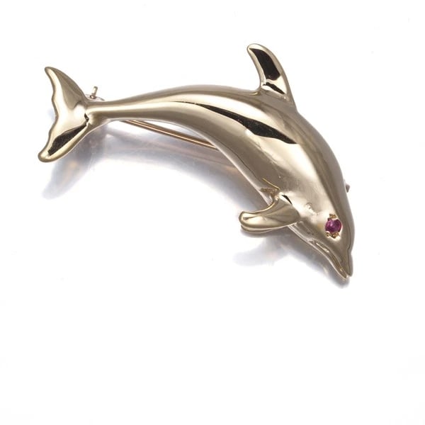 TIFFANY&CO. RUBY DOLPHIN BROOCH 14K 585 YELLOW GOLD: Tiffany&Co. Ruby Dolphin Brooch 14K 585 Yellow Gold Brand: Tiffany & Co. Type/Style: Brooch Material: 14K 585 Yellow Gold, Main Stone Natural Color: Yellow Gold Size: Design size: 18.0 x 35.6mm Ac