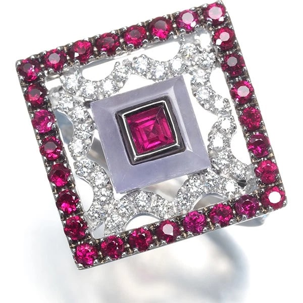 RUBY LAVENDER JADE DIAMOND SQUARE RING 18K WG: Ruby Lavender Jade Diamond Square Ring 18K WG Brand: Unbranded Type/Style: Ring Material: 18K WG, Main Stone Natural Color: White Gold Size: US 6.5-6.75 Accessories: None Accessories Notic