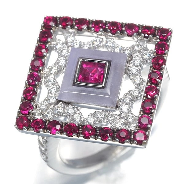 RUBY LAVENDER JADE DIAMOND SQUARE RING 18K WG - 2